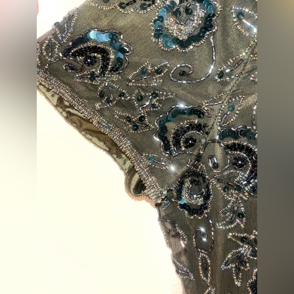 Scala Two Piece 100% Silk Beaded Forest Green Evening Gown XXL - Picture 6 of 11